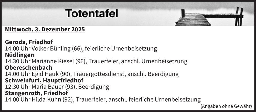  Traueranzeige für Totentafel vom 03.12.2025 vom 03.12.2025 aus MGO