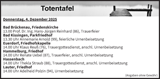 Anzeige von Totentafel vom 04.12.2025 von MGO