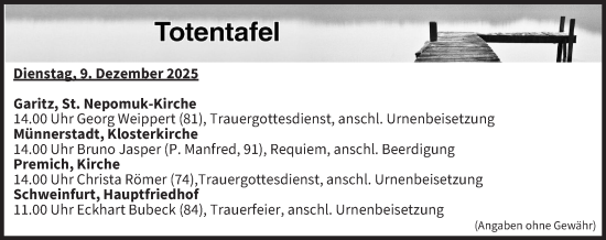 Anzeige von Totentafel vom 09.12.2025 von MGO