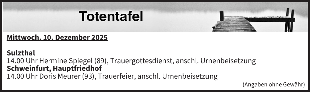  Traueranzeige für Totentafel vom 10.12.2025 vom 10.12.2025 aus MGO