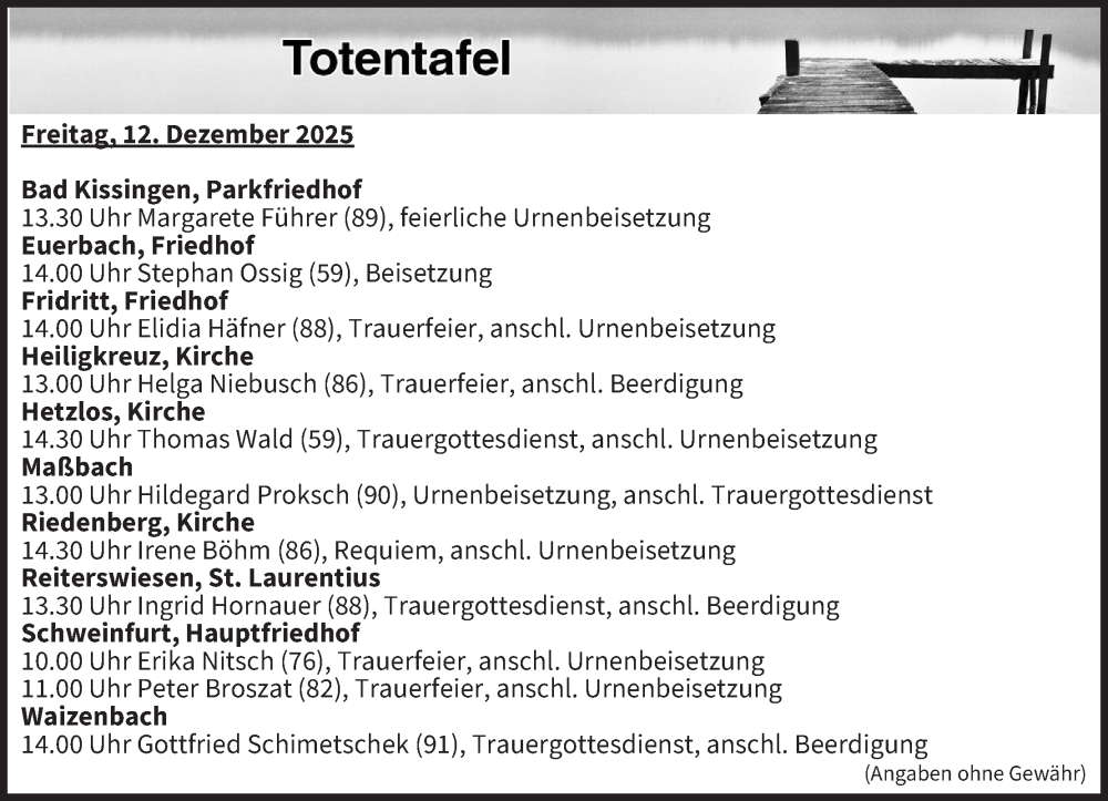  Traueranzeige für Totentafel vom 12.12.2025 vom 12.12.2025 aus MGO