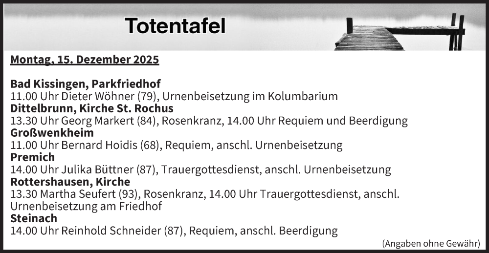  Traueranzeige für Totentafel vom 15.12.2025 vom 15.12.2025 aus MGO