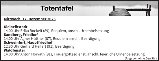 Anzeige von Totentafel vom 17.12.2025 von MGO