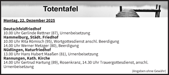 Anzeige von Totentafel vom 22.12.2025 von MGO