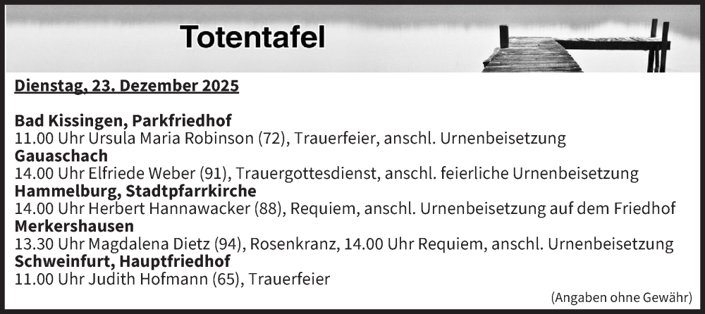  Traueranzeige für Totentafel vom 23.12.2025 vom 23.12.2025 aus MGO