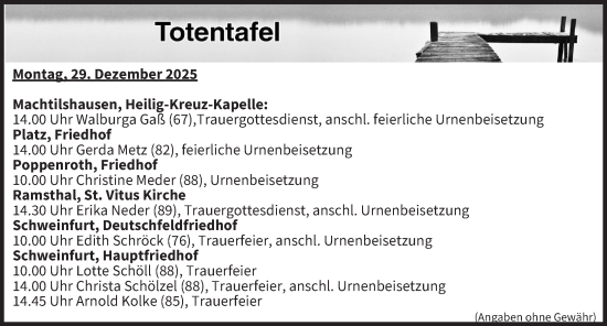 Anzeige von Totentafel vom 29.12.2025 von MGO