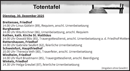 Anzeige von Totentafel vom 30.12.2025 von MGO