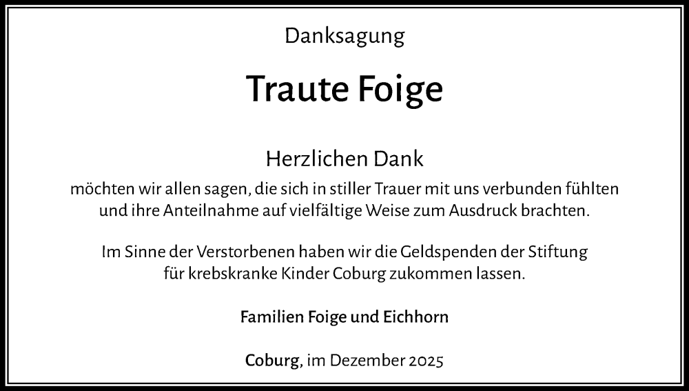  Traueranzeige für Traute Foige vom 20.12.2025 aus MGO