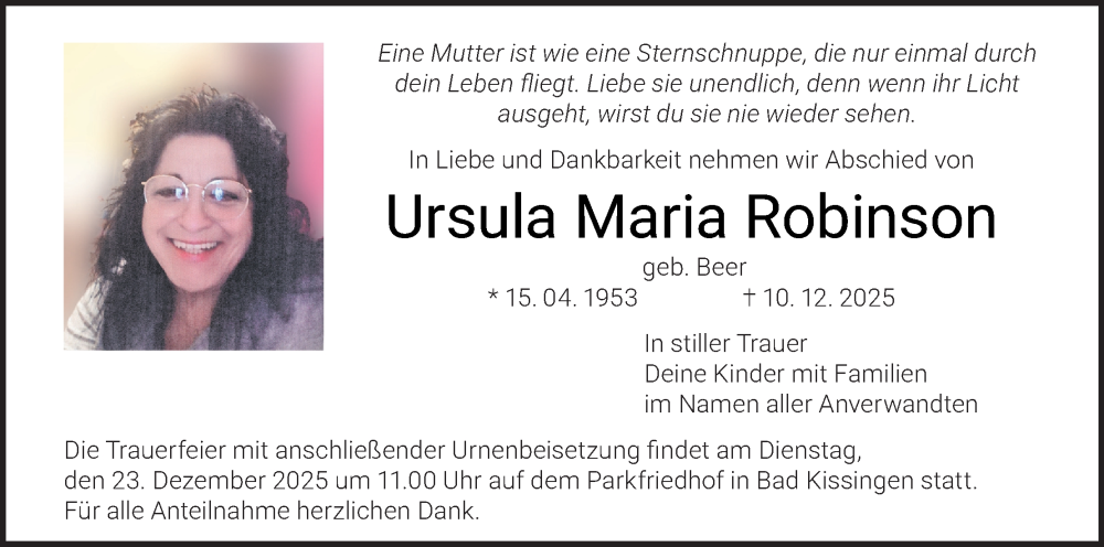  Traueranzeige für Ursula Maria Robinson vom 20.12.2025 aus MGO