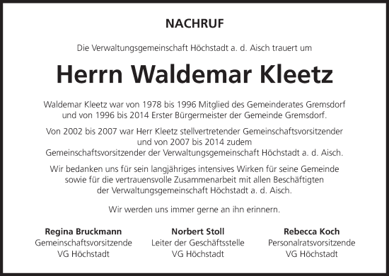 Anzeige von Waldemar Kleetz von MGO