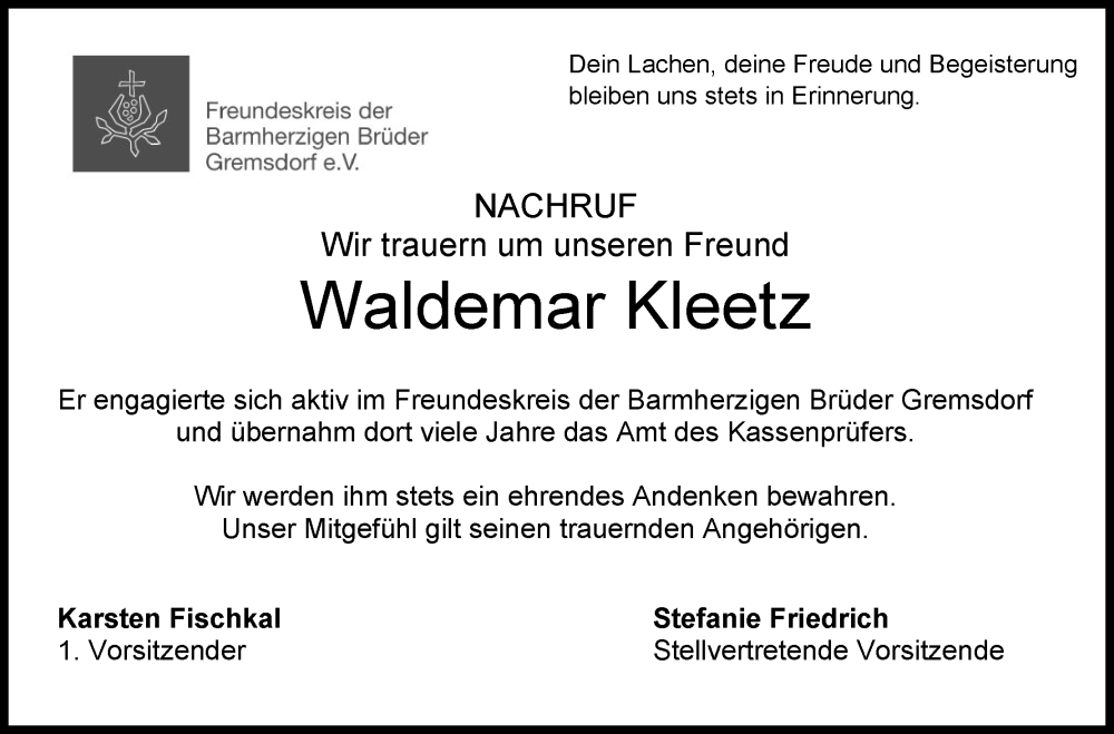  Traueranzeige für Waldemar Kleetz vom 10.12.2025 aus MGO