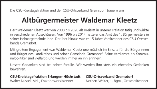 Anzeige von Waldemar Kleetz von MGO