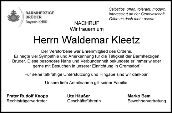 Anzeige von Waldemar Kleetz von MGO