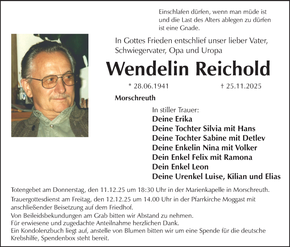  Traueranzeige für Wendelin Reichold vom 06.12.2025 aus MGO