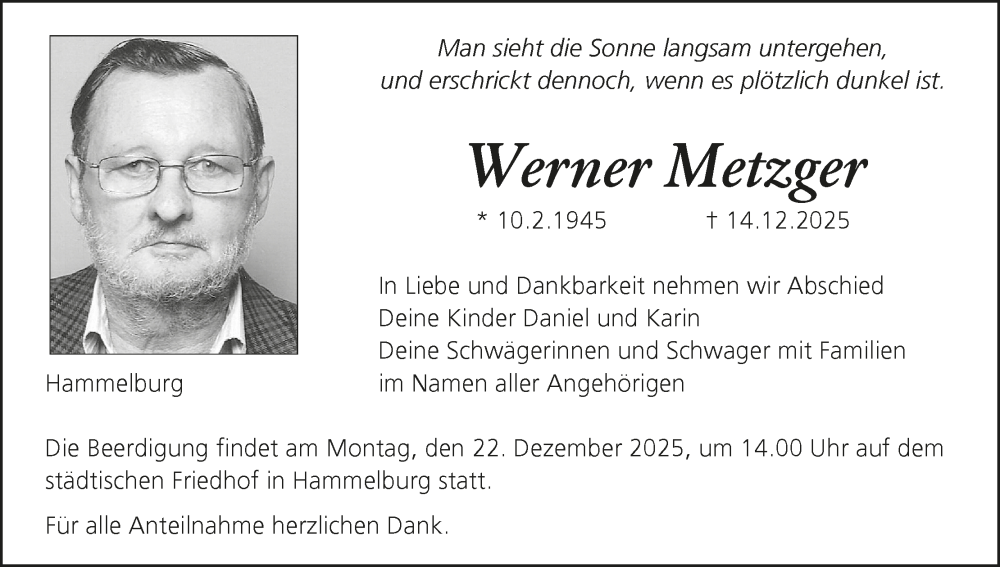  Traueranzeige für Werner Metzger vom 20.12.2025 aus MGO