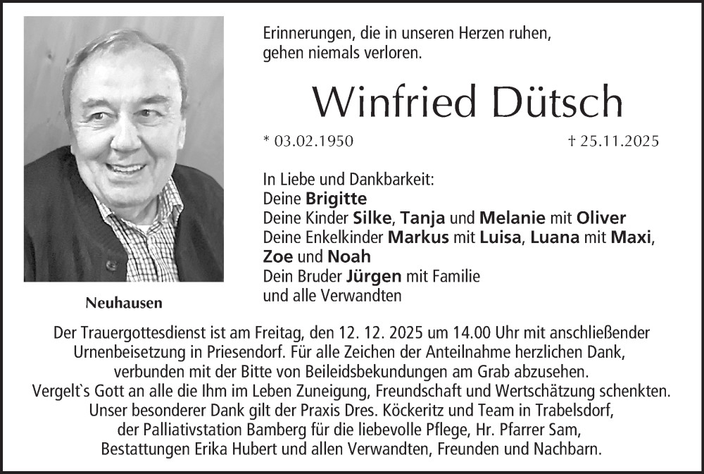  Traueranzeige für Winfried Dütsch vom 06.12.2025 aus MGO