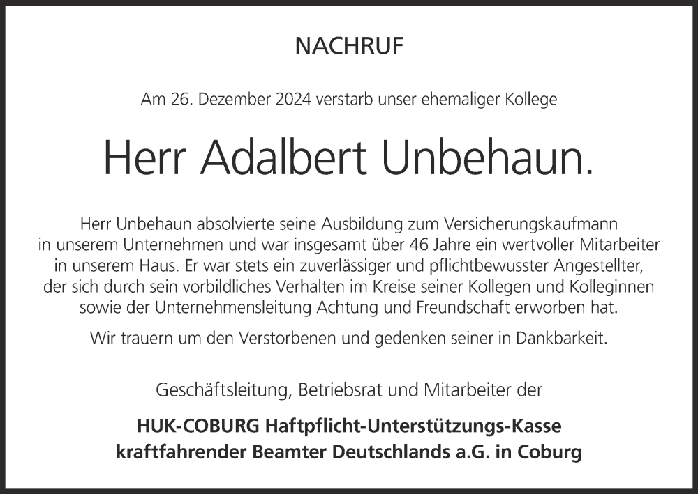  Traueranzeige für Adalbert Unbehaun vom 04.02.2025 aus MGO