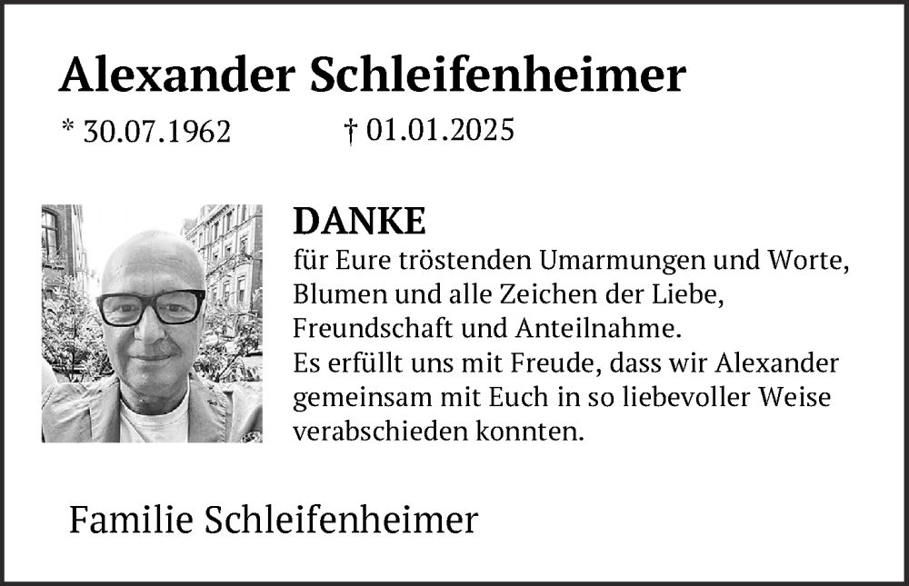  Traueranzeige für Alexander Schleifenheimer vom 15.02.2025 aus MGO