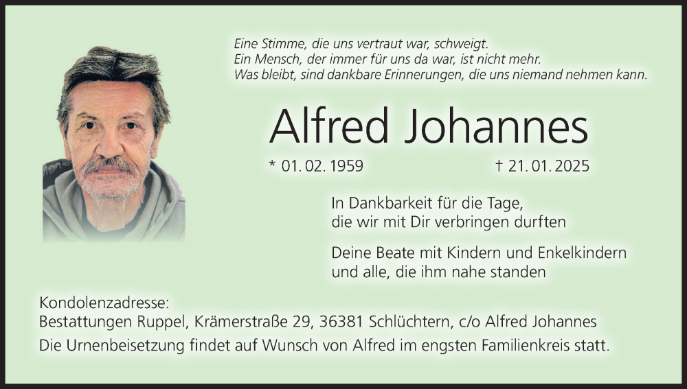  Traueranzeige für Alfred Johannes vom 08.02.2025 aus MGO