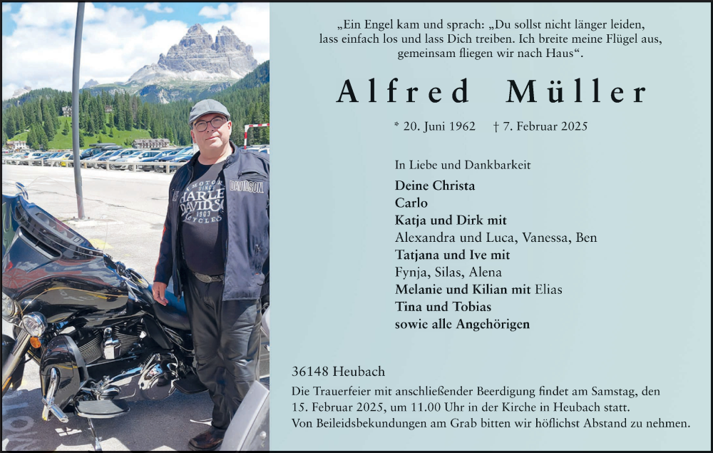  Traueranzeige für Alfred Müller vom 13.02.2025 aus MGO