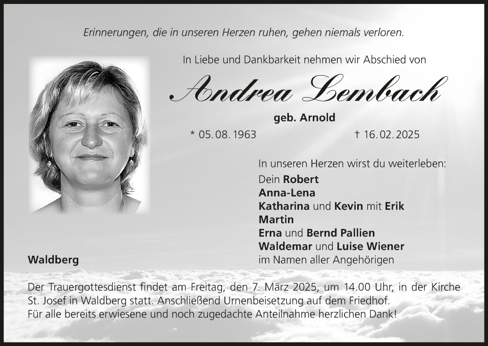  Traueranzeige für Andrea Lembach vom 22.02.2025 aus MGO