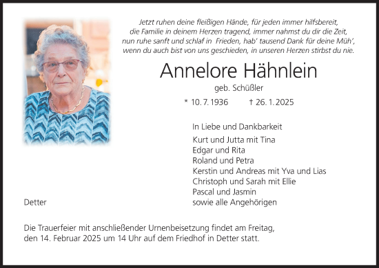 Anzeige von Annelore Hähnlein von MGO