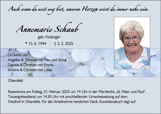 Anzeige von Annemarie Schaub von MGO