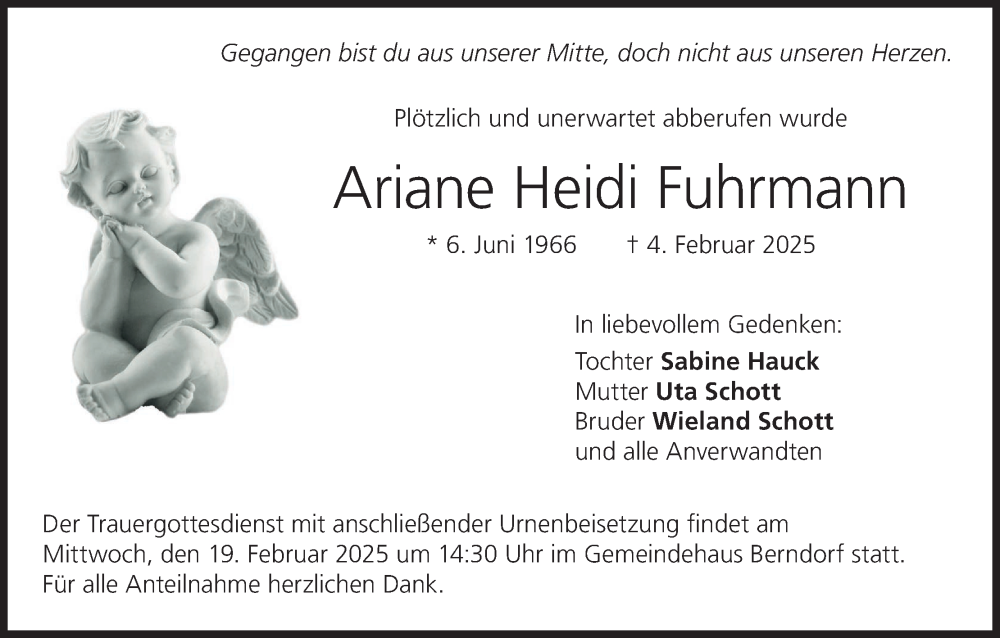  Traueranzeige für Ariane Heidi Fuhrmann vom 18.02.2025 aus MGO