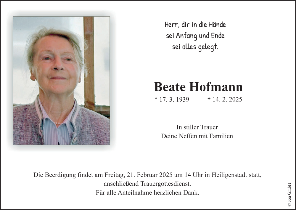  Traueranzeige für Beate Hofmann vom 19.02.2025 aus MGO