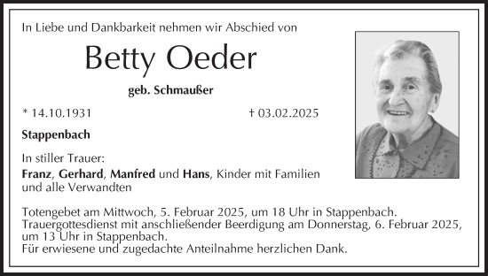 Anzeige von Betty Oeder von MGO