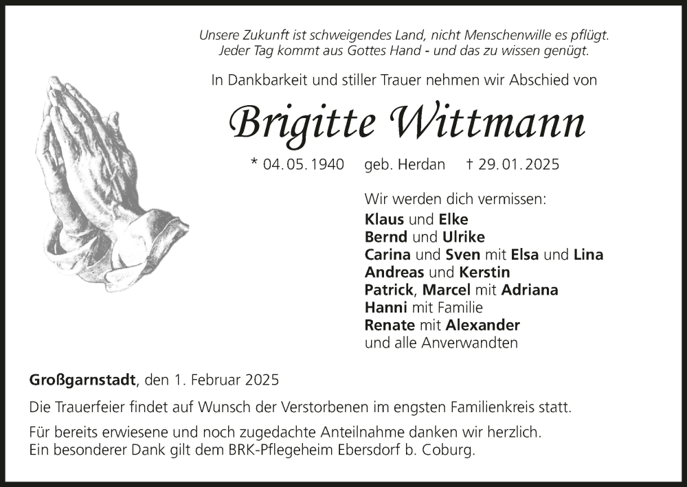  Traueranzeige für Brigitte Wittmann vom 01.02.2025 aus MGO