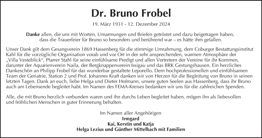  Traueranzeige für Bruno Frobel vom 01.02.2025 aus MGO