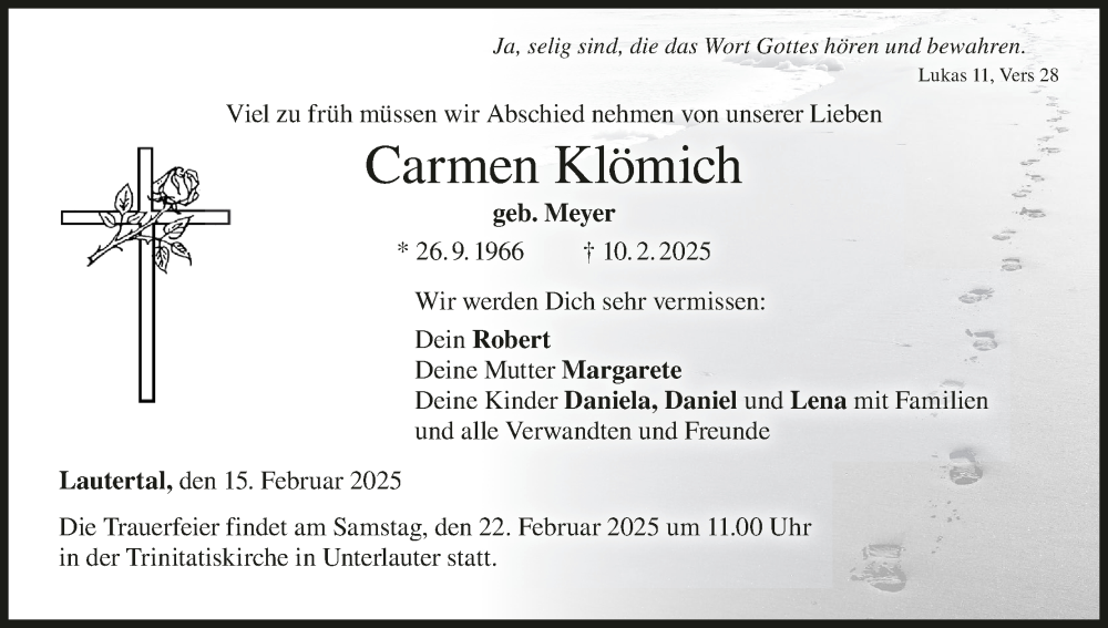  Traueranzeige für Carmen Klömich vom 15.02.2025 aus MGO