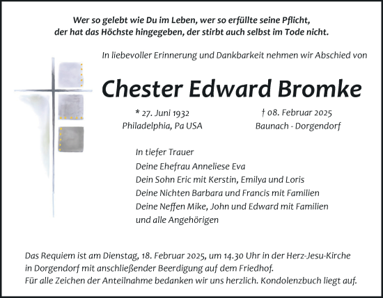 Anzeige von Chester Edward Bromke von MGO