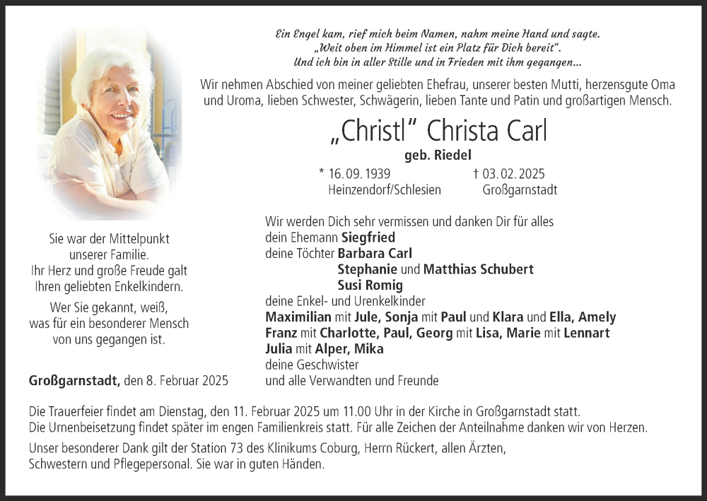  Traueranzeige für Christa Carl vom 08.02.2025 aus MGO