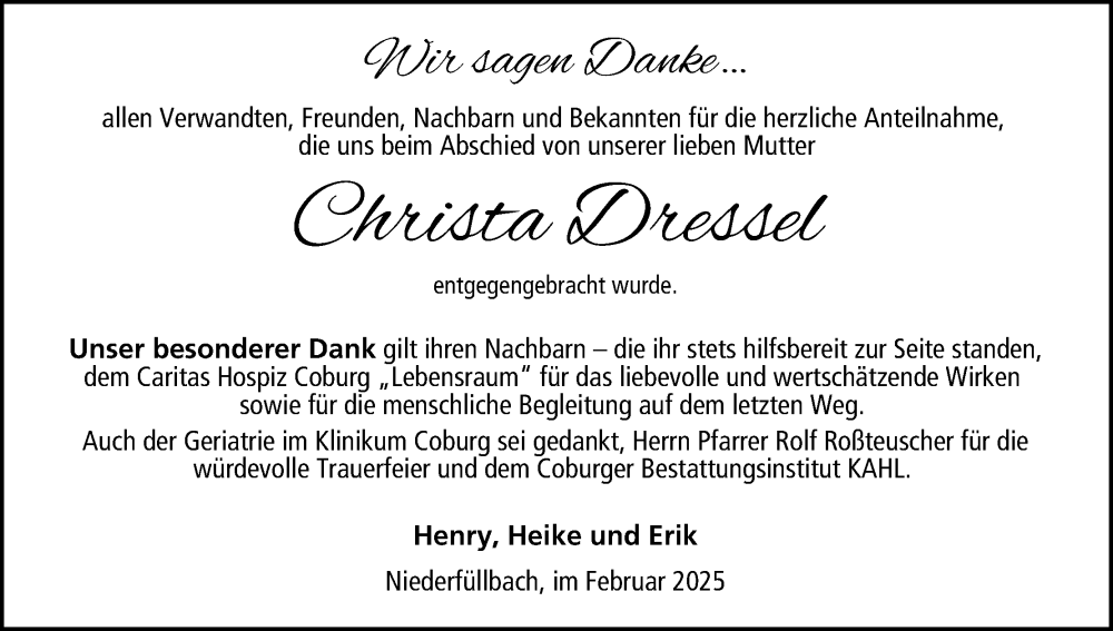  Traueranzeige für Christa Dressel vom 15.02.2025 aus MGO