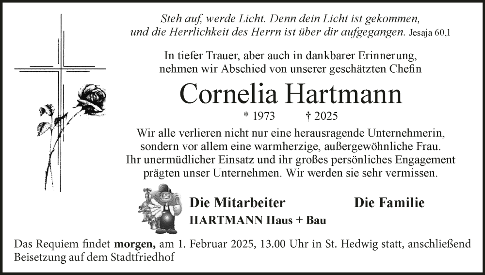 Traueranzeige für Cornelia Hartmann vom 31.01.2025 aus MGO