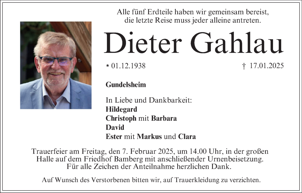  Traueranzeige für Dieter Gahlau vom 01.02.2025 aus MGO