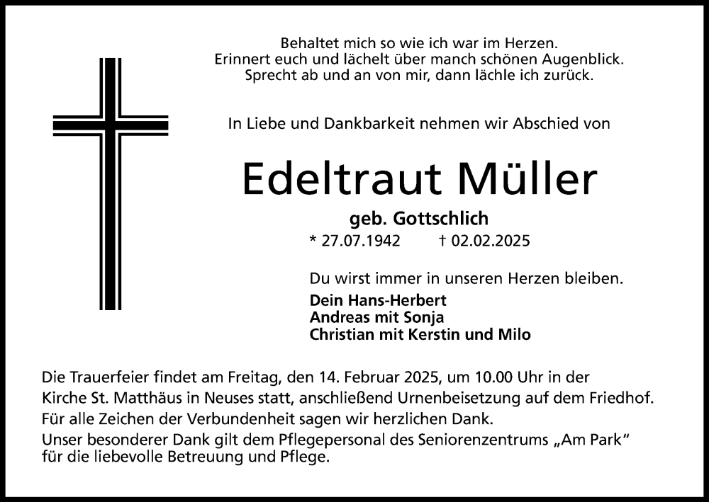  Traueranzeige für Edeltraut Müller vom 08.02.2025 aus MGO