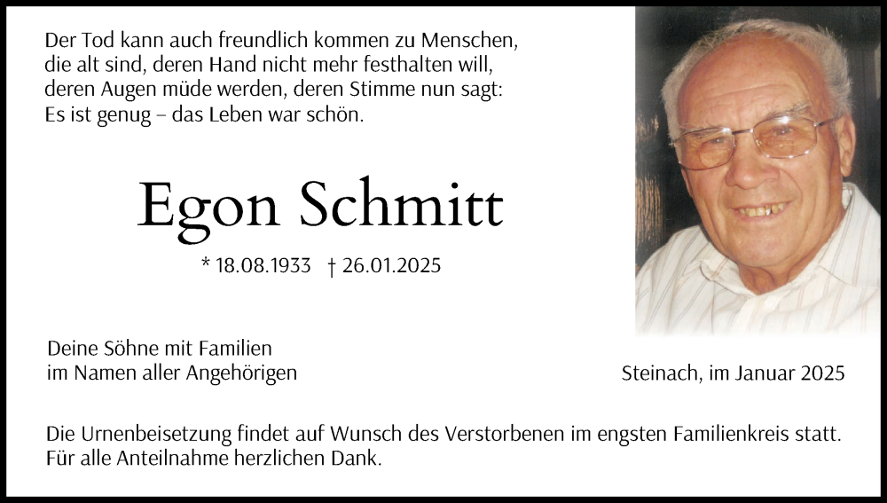  Traueranzeige für Egon Schmitt vom 31.01.2025 aus MGO