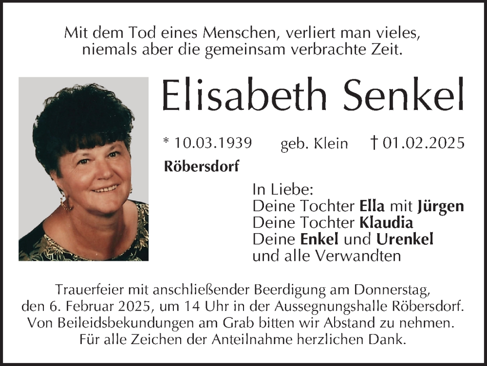  Traueranzeige für Elisabeth Senkel vom 04.02.2025 aus MGO