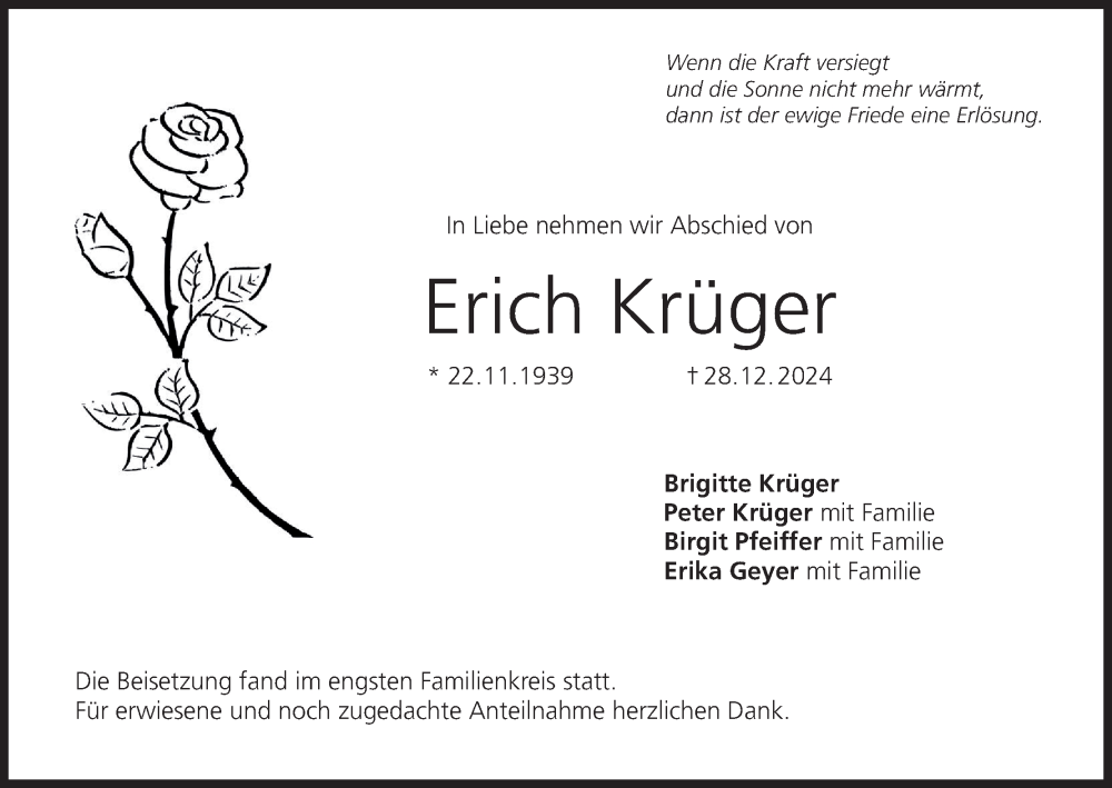  Traueranzeige für Erich Krüger vom 08.02.2025 aus MGO