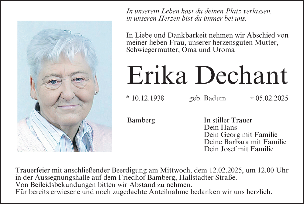  Traueranzeige für Erika Dechant vom 08.02.2025 aus MGO