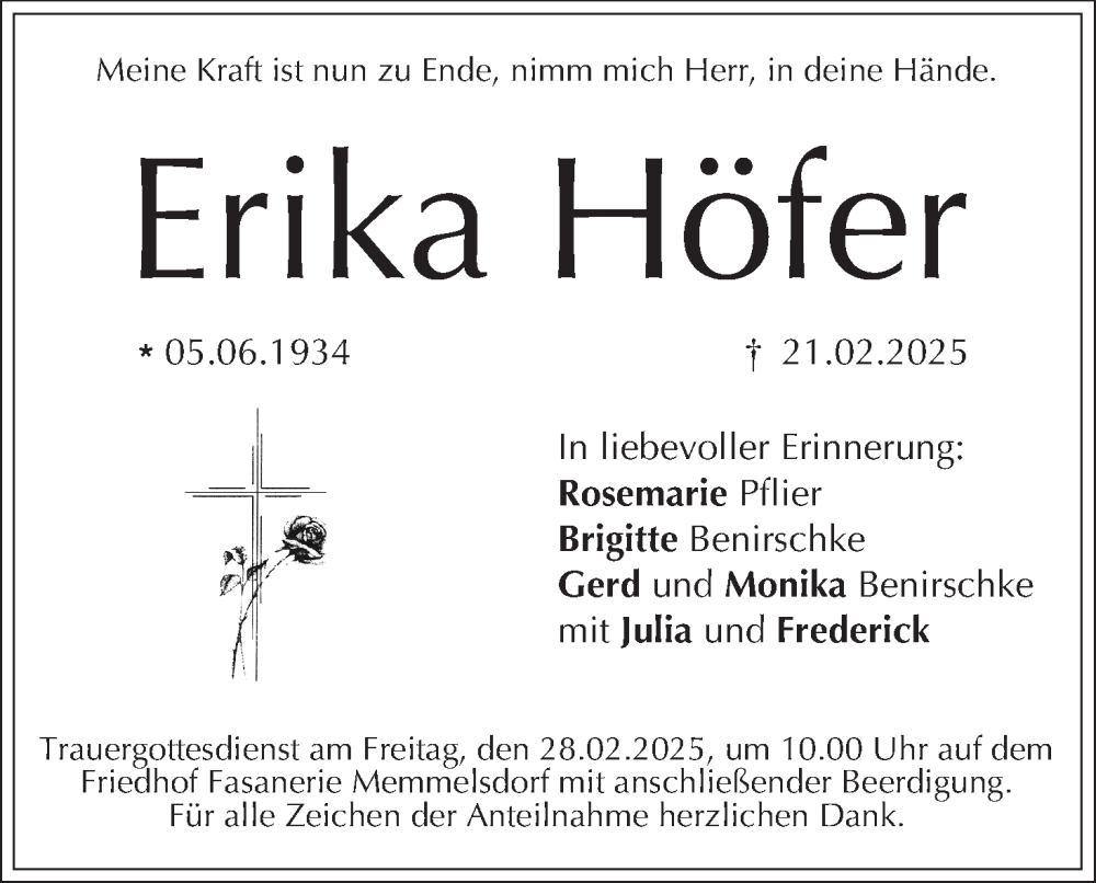  Traueranzeige für Erika Höfer vom 26.02.2025 aus MGO