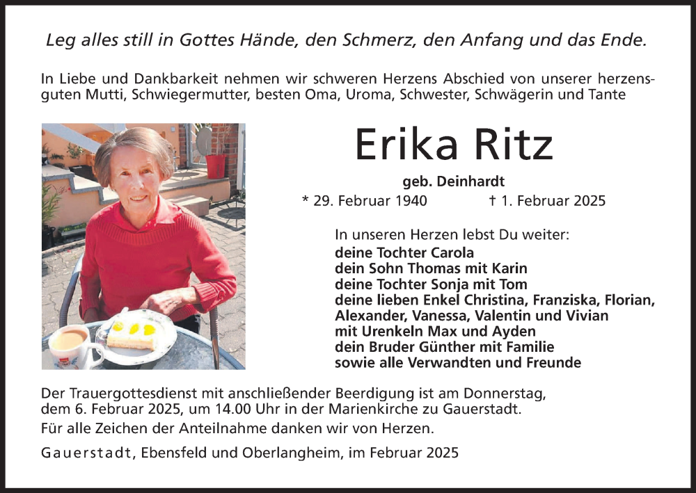  Traueranzeige für Erika Ritz vom 04.02.2025 aus MGO