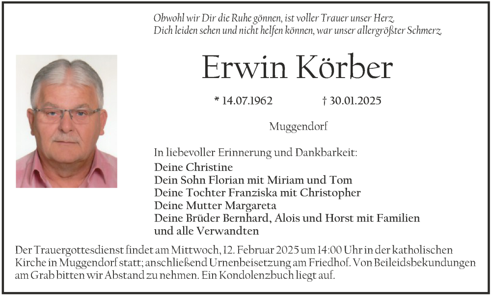  Traueranzeige für Erwin Körber vom 08.02.2025 aus MGO