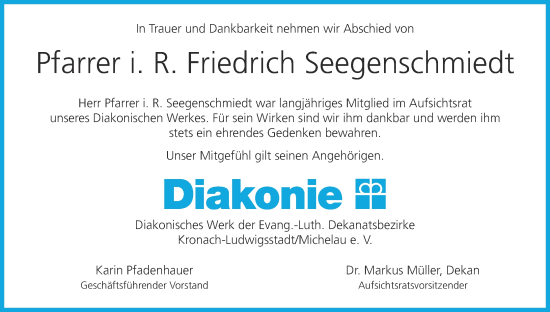 Anzeige von Friedrich Seegenschmiedt von MGO