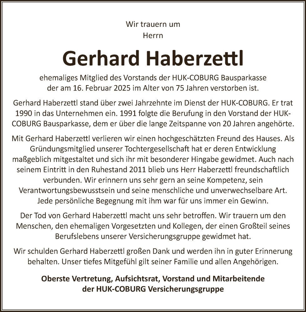  Traueranzeige für Gerhard Haberzettl vom 26.02.2025 aus MGO