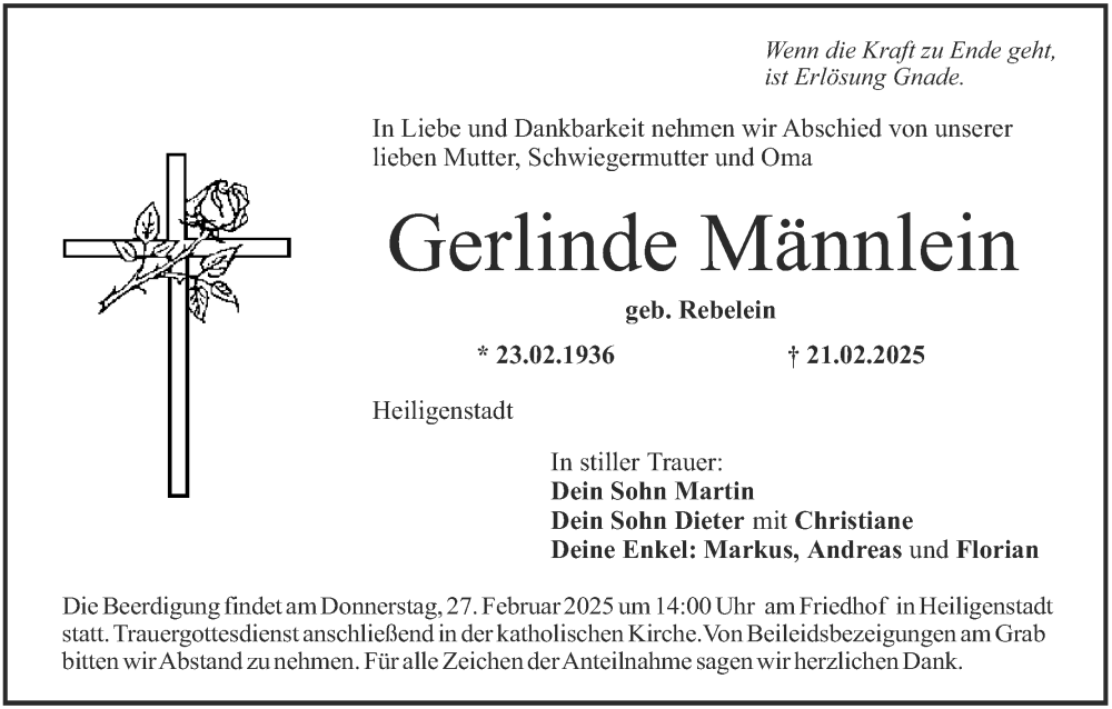  Traueranzeige für Gerlinde Männlein vom 25.02.2025 aus MGO