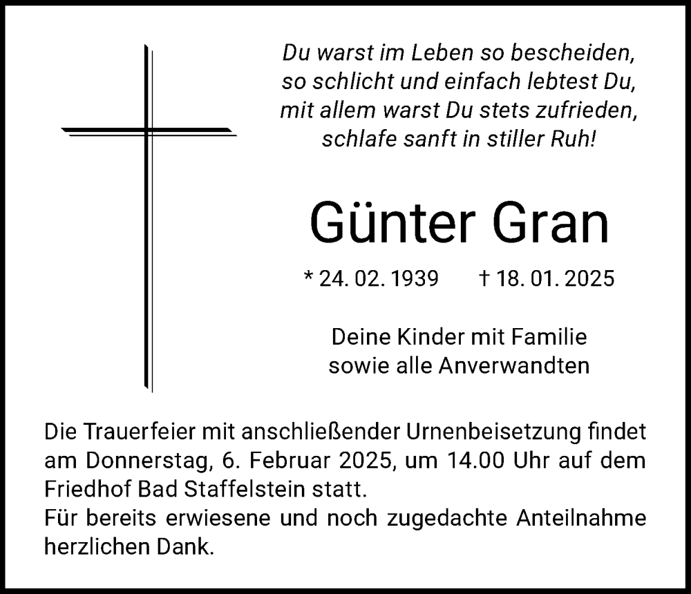  Traueranzeige für Günter Gran vom 01.02.2025 aus MGO